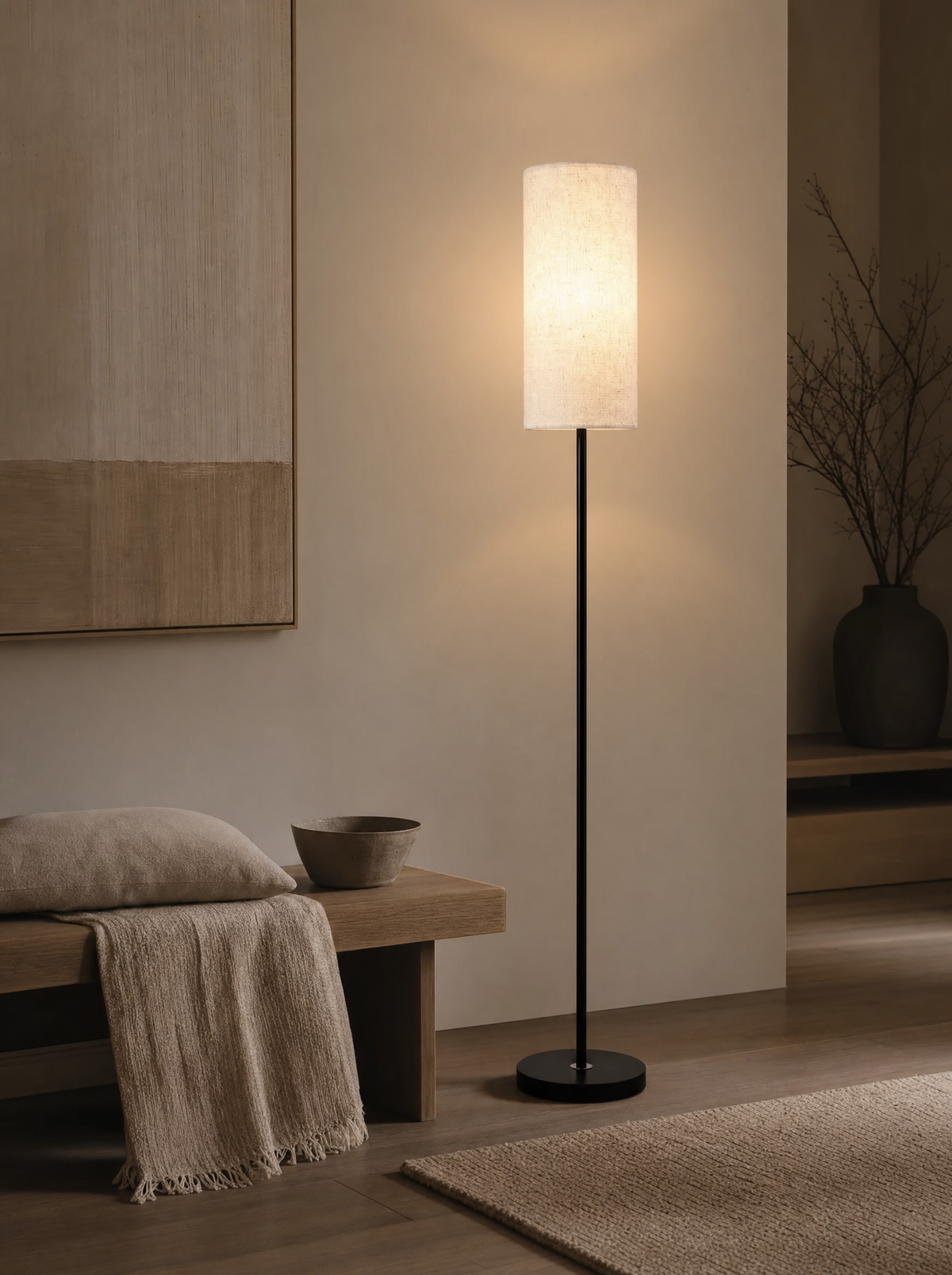 Zen floor lamp glowing beside a sofa in a living room