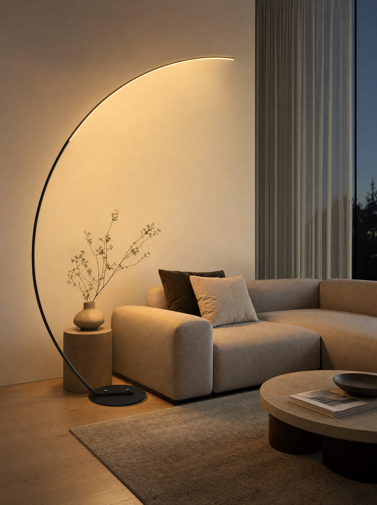 Arc black curved floor lamp glowing over a sofa in a living room
