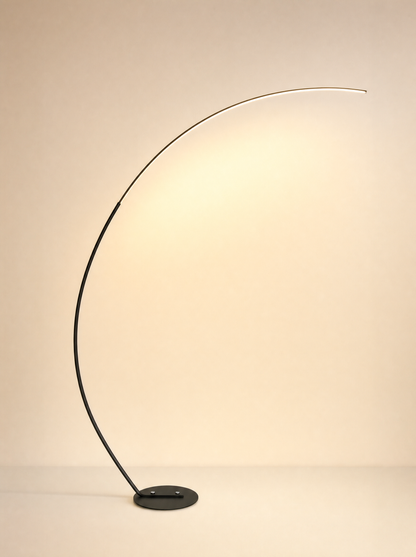 Arc black curved floor lamp, full view