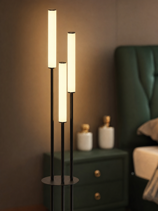 Close-up of the Trio floor lamp heads and shelf