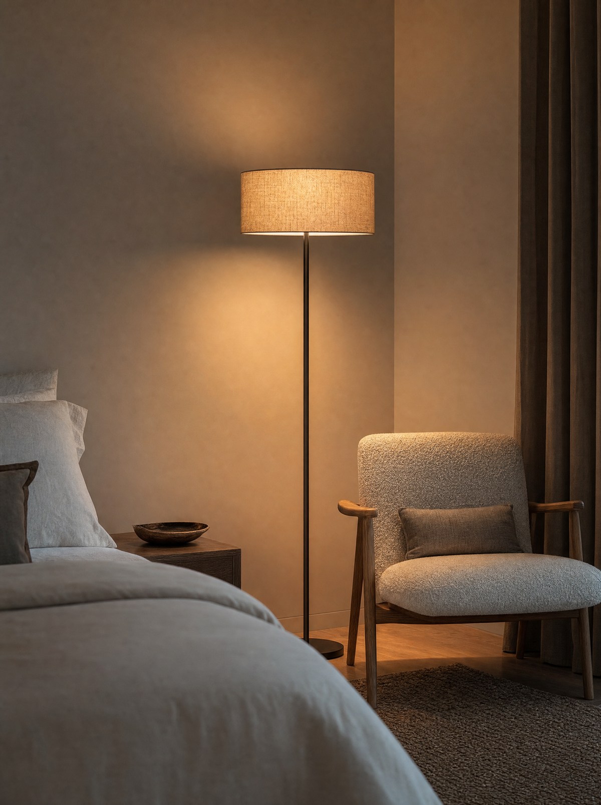 Floor lamp lighting a bedroom corner