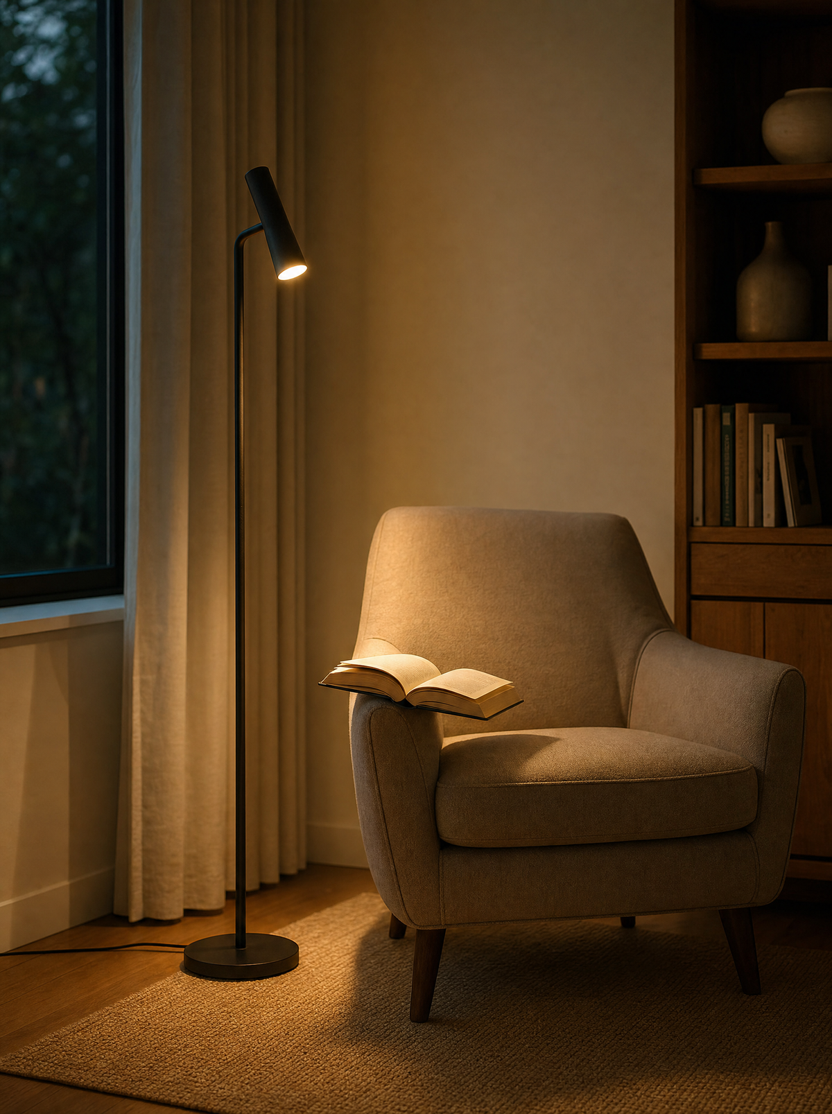 Floor lamp beside a reading chair